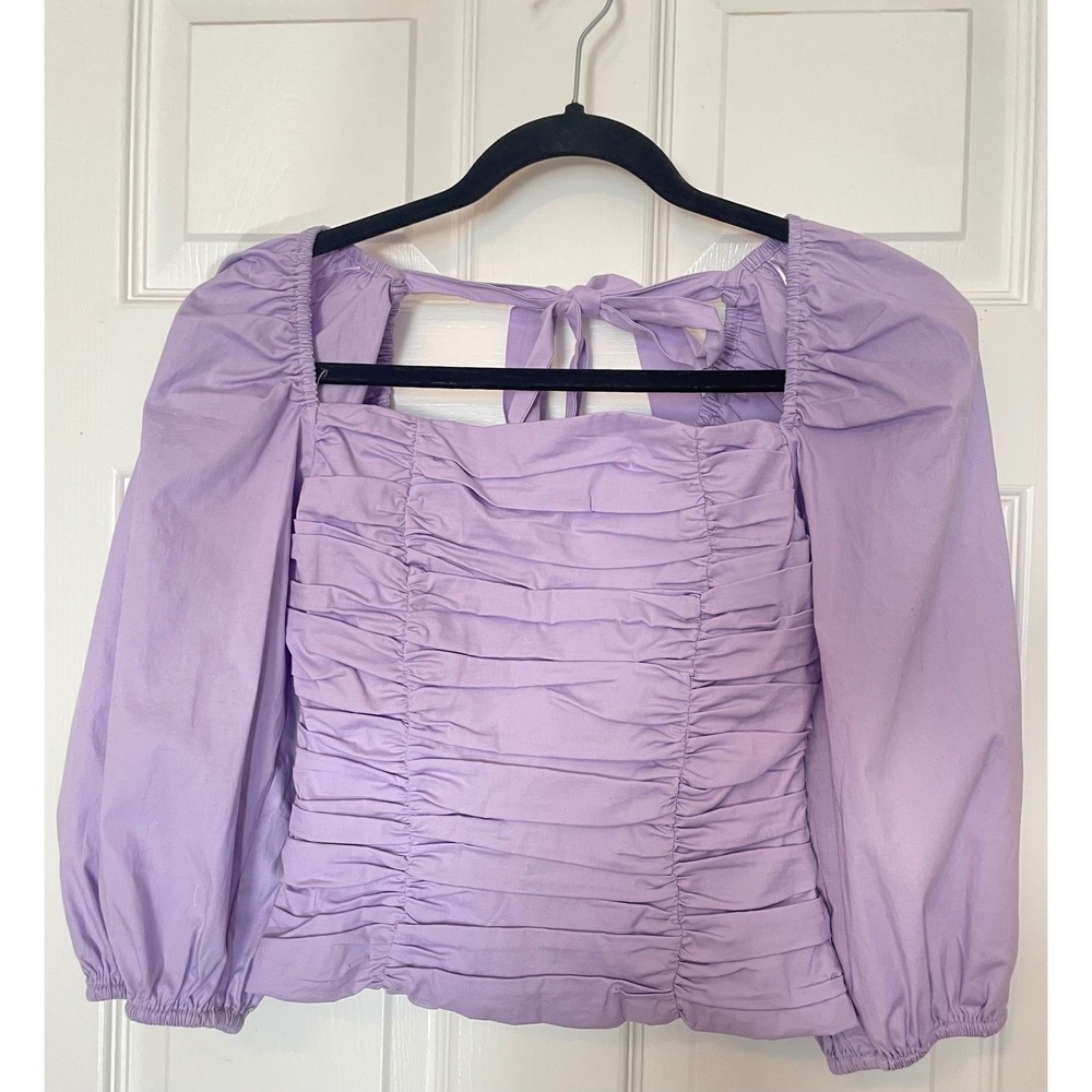 Lavender Ruched Puff Sleeve Tie Back Smocked Blouse Purple Square Neck Top